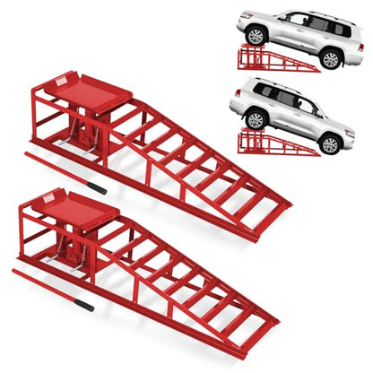 GarveeTech Hydraulic Car Ramps 2-Pack, 11000 LBS Low Profile Portable Car Lift Ramp for Oil Change & Garage Repair, Heavy Duty Steel Ramps for Trucks/Low Cars (Red) (red, 5 T) - color: Red
