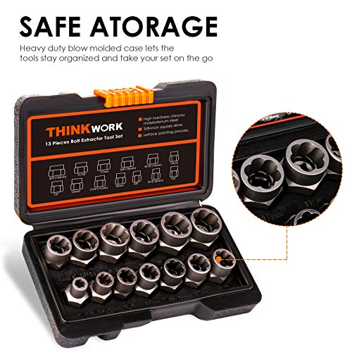 14-Piece Bolt Extractor Kit, 3/8" Drive Impact Bolt & Nut Remover Set | for Damaged, Rusted, Rounded-Off, Stripped Fasteners, 8-19mm, Cr-Mo Steel, Laser-Etched Marking, Storage Case - style: 13-Piece