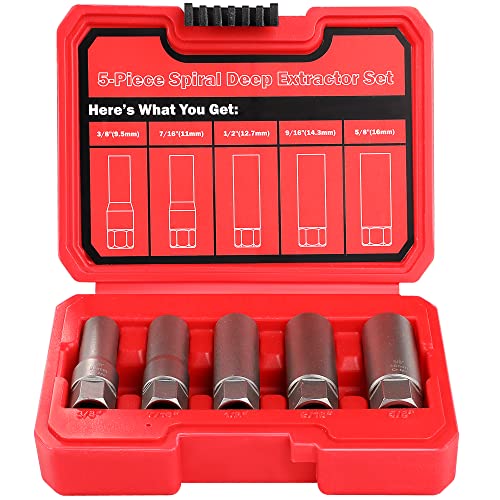 5-Pcs Spiral Deep Bolt Extractor Set, Stripped Bolt Remover Lug Nut Extractor Set, Stripped Lug Nut Remover for Broken Damaged Rounded-Off Bolts, Nuts, Bolts, Studs, Threaded Tubes - size: 5Pcs
