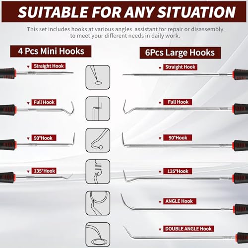 Hook and Pick Set – 10PCS Precision Pick Tools with Non-Slip Grip | for Automotive, O-Ring, Seal & Gasket Removal, Mechanical and DIY Use tool set, Picks Precision Hooks Puller Remover Tools - color: red