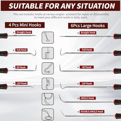 Hook and Pick Set – 10PCS Precision Pick Tools with Non-Slip Grip | for Automotive, O-Ring, Seal & Gasket Removal, Mechanical and DIY Use tool set, Picks Precision Hooks Puller Remover Tools - color: red