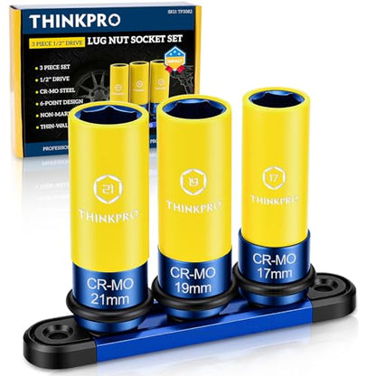 1/2" Drive Lug Nut Socket Set, 17/19/21 mm Wheel Socket | Non Marring, Thin Wall, CR-MO Steel, Hex Lug Nut Removal - size: 3PC