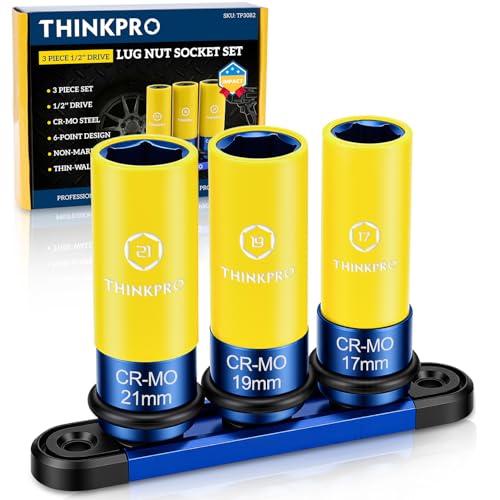 1/2" Drive Lug Nut Socket Set, 17/19/21 mm Wheel Socket | Non Marring, Thin Wall, CR-MO Steel, Hex Lug Nut Removal - size: 3PC