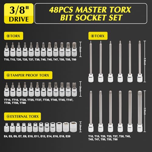 EMENTOL 48PCS 3/8"Dr. Master Torx Bit Socket Set, CR-V, S2 Steel, 5.9" Length Star Bit Socket Set, E4 -E20, T10-T60, TT10-TT60 - size: 48PCS Master Torx Bit Socket Set