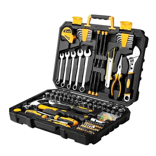 DEKOPRO 158 Piece Tool Set-General Household Hand Tool Kit,Auto Repair Tool Set, with Plastic Toolbox Storage Case - color: Yellow