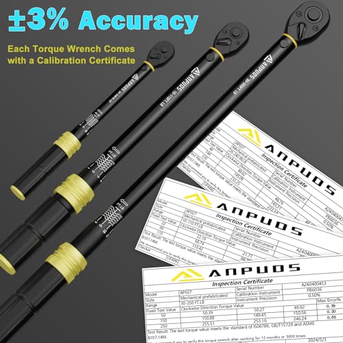 ANPUDS 5Pcs 1/4 3/8 1/2-inch Drive Click Torque Wrench Set, ±3% Accuracy | 20-240in.lb, 10-110Ft.lb, 30-250Ft.lb, 72-Tooth Quick Release, Dual Scale, for Bike, Motorcycle, Car, SUV, Truck, RV, Towing - size: 20-240 in-lb + 10-110 ft-lb + 30-250 ft-lb