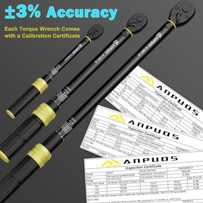 ANPUDS 5Pcs 1/4 3/8 1/2-inch Drive Click Torque Wrench Set, ±3% Accuracy | 20-240in.lb, 10-110Ft.lb, 30-250Ft.lb, 72-Tooth Quick Release, Dual Scale, for Bike, Motorcycle, Car, SUV, Truck, RV, Towing - size: 20-240 in-lb + 10-110 ft-lb + 30-250 ft-lb