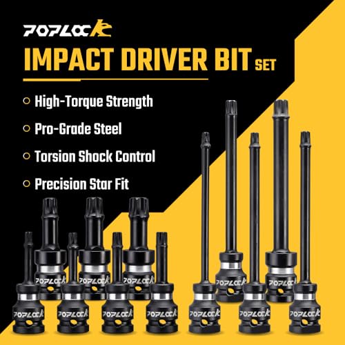 Poplock Impact Driver Set | 5-Piece ½ inch Drive Star Bit Set | 150mm Long Impact Driver Bit Set with 6-Lobed Allen Tips for Torx Fasteners T30 T40 T45 T50 T55 - size: 5 PCS