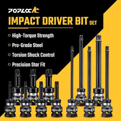 Poplock Impact Driver Set | 7-Piece ½ inch Drive Star Bit Set (T30–T70) | 75mm Long Impact Driver Bit Set with 6-Lobed Allen Tips for Torx Fasteners T30 T40 T45 T50 T55 T60 T70 - size: 7 PCS