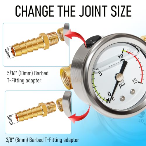 0-15Psi Fuel Pressure Test Kit, Fuel Pressure Gauge Kit, Glycerin Filled Fuel Pressure Regulator with Gauge for Car, 1/8'' NPT Inline Fuel Pressure Gauge with 3/8'' 5/16'' Barb, Back Mount