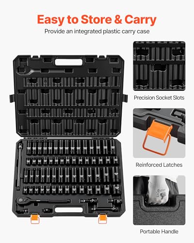 VEVOR Impact Socket Set, 1/2" Drive, 65-Piece Socket Set, 6 Point Sockets, SAE 3/8" to 1-1/4" and Metric 10-24 mm, Easy to Identify, with a Sturdy Storage Case, Cr-V Alloy Steel for Vehicles Repair - size: 1/2" 65PCS