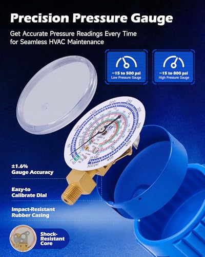 Orion Motor Tech AC Gauge Set, 3-Way AC Manifold Gauge Set for R134a R410A R404A R22 Refrigerant with 5ft Hoses, Automotive A/C Gauge with R134a Couplers Self-Sealing Can Tap R410A Adapter 29° Adapter - size: R134a R22 R410a R404a