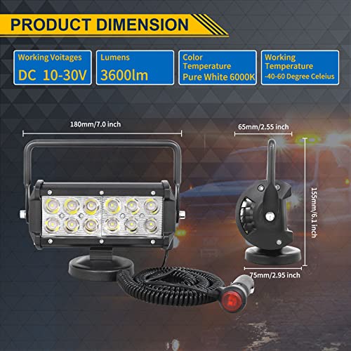 SKYWORLD Magnetic Led Work Light 12V, 1PCS 7 Inch 36W Spot Off Road Driving Fog Lamp, Portable Magnetic Base Holder for Car SUV Trailer Tractor Truck Engineering Maintenance Garage Camping - size: 7 Inch 36W Spot