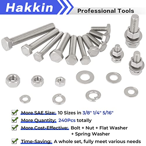 Hakkin Hex Bolts and Nuts Kit 1/4-20, 5/16-18, 3/8-16, 10 SAE Sizes 304 Stainless Steel Nuts and Bolts Assortment with Flat & Lock Washers, 240PCS Full Thread with Case, for Home, Automotive, Marine - size: 240PCS 1/4-20 5/16-18 3/8-16 Hex Bolts Silver