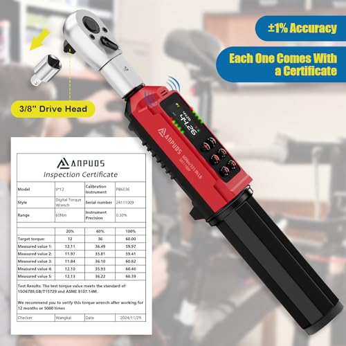 ANPUDS Adjustable Digital Torque Wrench, 0.66-44.29 Ft.lb, ±1% Accuracy | 0.9-60 Nm, 35mm Jaw & 3/8" Ratchet, 9×12mm Open End, Vibration, Buzzer and LED Indicator for for HVAC, Motorcycle, Plumbing - size: 0.66-44.29 Ft.lb/0.9-60 Nm(9×12mm)
