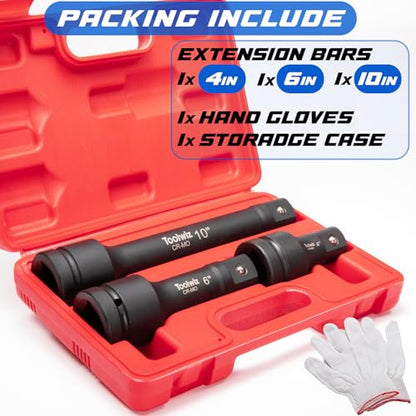 Toolwiz 1" Drive Impact Extension Bar 4", 6", 10" (3 Piece) Cr-Mo Steel | 1" Socket Extension Set, Black, Locking Pin, PVC Box Organized, for Mechanical Equipment Repair, Use with Air Impact Wrenches - size: 1" Drive (4", 6", 10")
