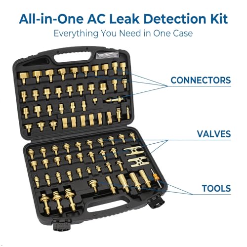 77PCS Automotive AC Leak Detection Kit, Brass Air Conditioning Leak Test Tool Set with Connectors, Portable A/C Leak Tester Repair Kit for Car, Truck and Vehicle AC Systems