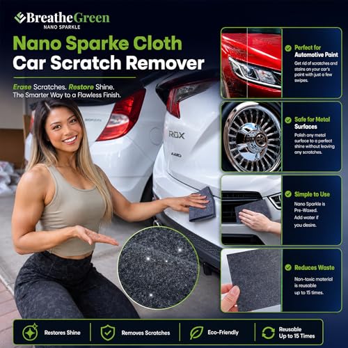 Breathe Green Nano Sparkle Cloth Car Scratch Remover, Advanced Nanotech | Reusable Nanosparkle Cloth for Car Scratches, Repair and Buffer, Nanotechnology Safe for All Cars, Colors & Clear Coats