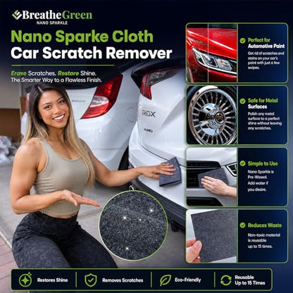 Breathe Green Nano Sparkle Cloth Car Scratch Remover, Advanced Nanotech | Reusable Nanosparkle Cloth for Car Scratches, Repair and Buffer, Nanotechnology Safe for All Cars, Colors & Clear Coats