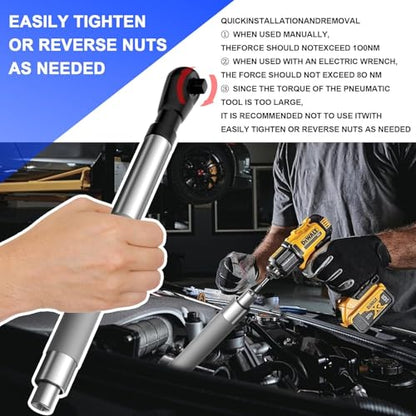 Offset Extension Wrench for Electric Drills and Impact Wrenches, ratchet extension includes 4 Socket Sleeve Adapters and 1/2" 3/8" 1/4" Electric Drill Adapter, Slim for Tight Spaces, Tungsten Steel