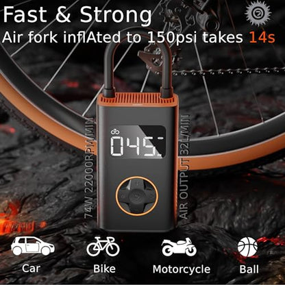 BIKASE N3 Pro Portable Tire Inflator for Ebikes, Compact Car, 1Min Fast Inflate Electric Bike Pump with Digital Tire Pressure Gauge, 150PSI Air Compressor for Electric Bikes, Motorcycle, Balls