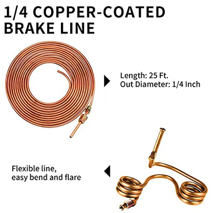 MuHize 1/4 in x 25 ft Brake Line Flaring Tool Kit – Automotive Repair Set | All-in-One Copper Tubing Kit with 16 Fittings, 4 Unions, Tube Cutter & Flaring Tool for Brake Fuel Hydraulic Systems - size: Gold Brake Line Kit