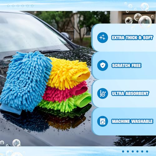 24 Pack Car Wash Mitt Bulk Microfiber, 10'' x 8'' Chenille Car Wash Mitt Gloves, Scratch Free Double Sided No Lint No Marks for Truck SUV and All Vehicle Surfaces (4 Colors) - color: 4 Colors