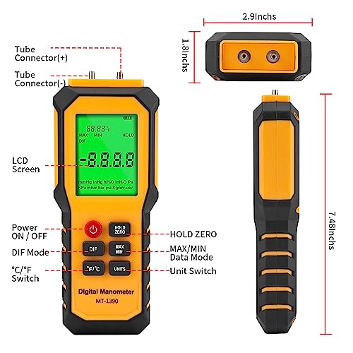 YZT Meter Manometer Air Pressure Meter, Digital Differential Pressure Gauge, HVAC Gas Pressure Meter Dual-Port Manometer Gas Pressure Tester (9v Battery Included)… - style: 1/8 Inches Diameter Port