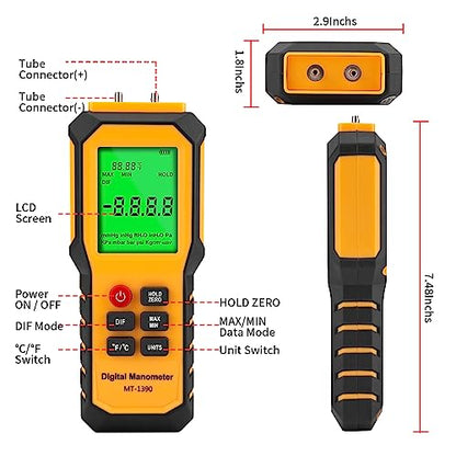 YZT Meter Manometer Air Pressure Meter, Digital Differential Pressure Gauge, HVAC Gas Pressure Meter Dual-Port Manometer Gas Pressure Tester (9v Battery Included)… - style: 1/8 Inches Diameter Port