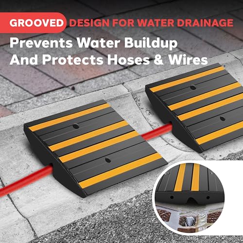 Pyle 1 Ft. Rubber Curb Ramp - Pack of 2 Heavy Duty Non-Slip Threshold Ramps for Driveways & Sidewalks, Yellow Reflective Strips, Marine Grade, Expansion Screws Included, 12.0’’x 16.0’’ x 2.6’’ Inches - color: Yellow, size: Pack of 2