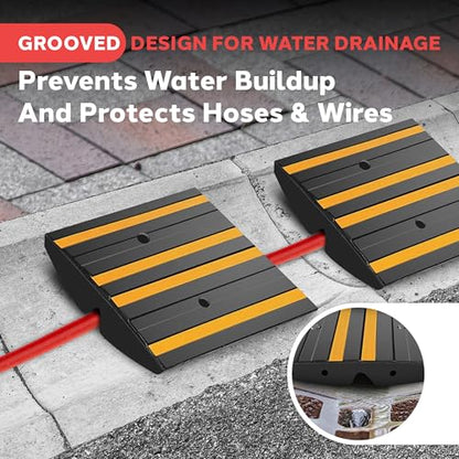 Pyle 1 Ft. Rubber Curb Ramp - Pack of 2 Heavy Duty Non-Slip Threshold Ramps for Driveways & Sidewalks, Yellow Reflective Strips, Marine Grade, Expansion Screws Included, 12.0’’x 16.0’’ x 2.6’’ Inches - color: Yellow, size: Pack of 2