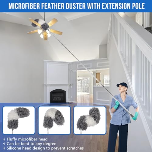 UIMO Microfiber Feather Duster 5-in-1 Kit for Dusting and Cleaning | 30–100" Extension Pole, Anti-Slip Grip, Bendable Washable Heads for Ceiling Fan, Furniture, Car (Blue) - color: Blue