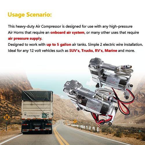 Dual Heavy Duty Onboard 12V Air Compressors 200 PSI with Remote Mount Kit | Universal Fit for Truck Car Train Horn, Suspension Ride Bag System | Fits All 12V Vehicles like Truck Pickup SUV RV Marine