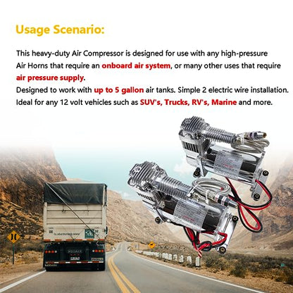 Dual Heavy Duty Onboard 12V Air Compressors 200 PSI with Remote Mount Kit | Universal Fit for Truck Car Train Horn, Suspension Ride Bag System | Fits All 12V Vehicles like Truck Pickup SUV RV Marine