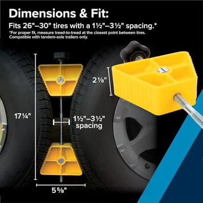 Camco Small RV Wheel Stop - Features a Lightweight Heavy-Duty Design with a Rubber Handle, Prevents Shifting of Trailer Tandem Tires While Parked or Re-Hitching, and Fits 26” to 30” Tires (44652)