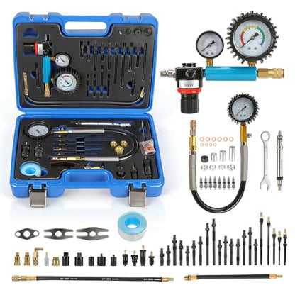 Compression Tester Automotive Kit,46Pcs Petrol & Diesel Compression Gauge Tester Set for Gasoline Engine,Tester Kit with Compression Gauge,Dual-Meter Leak Detector with Adapters,Quick-Connect Hose