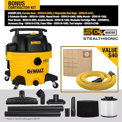 DEWALT 9 Gallon STEALTHSONIC Ultra Quiet Poly Shop Vacuum Wet/Dry, DXV09P-QTA Noise Reduction Vac for Shop, Heavy Duty Shop Vacuum | Noise Reduction Vac for Shop, Heavy Duty Shop Vacuum - size: 9 gallon