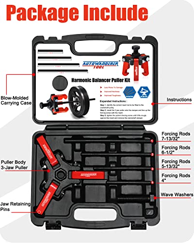 Harmonic Balancer Puller with Adjustable 3-Jaw Puller Kit, Forcing Screw Fits a 3/8" Square Drive and 4 Forcing Rods for Removing Harmonic Dampers & Balancers By Autowanderer Tool