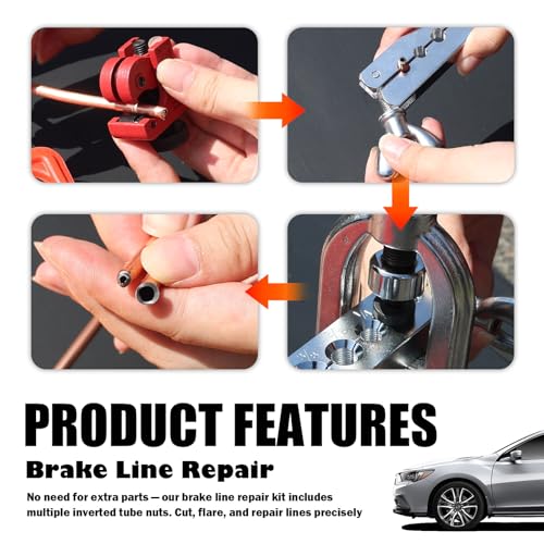 25Ft 1/4" and 3/16" Brake Line Kit,Single & Double Brake Line Flaring Tool Kit with 32 Inverted Fittings and Brakes Flare Tool Kits,Copper Plated Brakes Lines Repair Kits