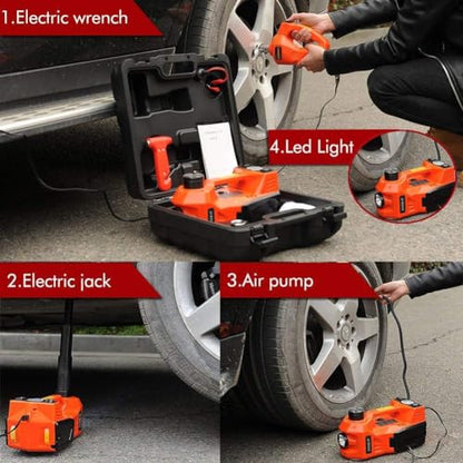 3-in-1 Multifunctional Portable Car Tire Repair Kit 5 Ton Electric Tire Lifting Auto Jacks Hydraulic Air Infatable Car Floor Jack LED Inflator Pump Electric Impact Wrench SUV Trunk Sedan Van