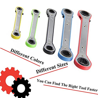 MacWork 5-Piece Offset Ratcheting Wrench Set ，Five Colors Reversible Universal Ratchet Double Ring Spanners,Professional Heat Treated Alloy Steel SAE Combination - size: SAE