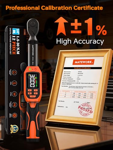 Matework 1/4 Torque Wrench Digital, (13.5-265 In-Lb/1.5-30 Nm), 12Pcs Inch Pound Digital Torque Wrench Set with Buzzer & LED Indicator, ±1% Accuracy, Sockets & Adapters for for Bike Moto Gunsmithing - size: 1/4-Inch (13.5-265 in·lb)