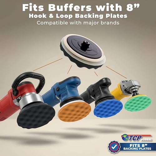 TCP Global Professional 6 Pad Buffing and Polishing Kit with 5 Waffle Foam Pads and 1 Wool Grip Pad for Car Detailing - Complete 8 inch Polisher Buffing Pads Set with 5/8 inch Threaded Backing Plate