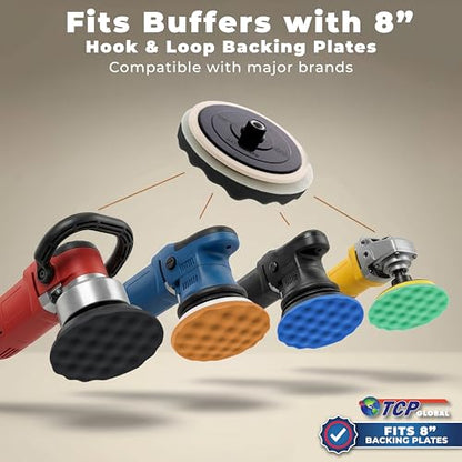 TCP Global Professional 6 Pad Buffing and Polishing Kit with 5 Waffle Foam Pads and 1 Wool Grip Pad for Car Detailing - Complete 8 inch Polisher Buffing Pads Set with 5/8 inch Threaded Backing Plate