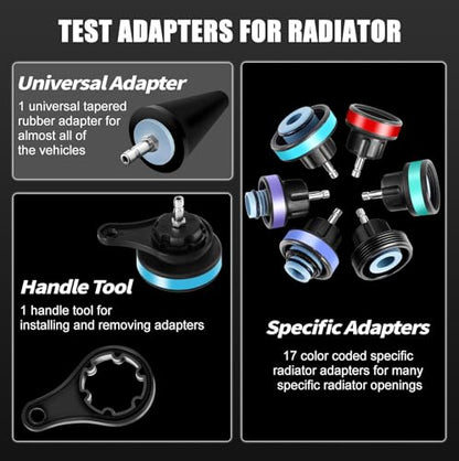 JIFETOR Radiator Coolant Pressure Tester Vacuum Refill Tool 28PCS Kit Black | Automotive Cooling System Manual Leak Test Pneumatic Purge Fill Set 21PCS Testing Adapter Cap Universal for Airlift Car Truck - color: Black Case