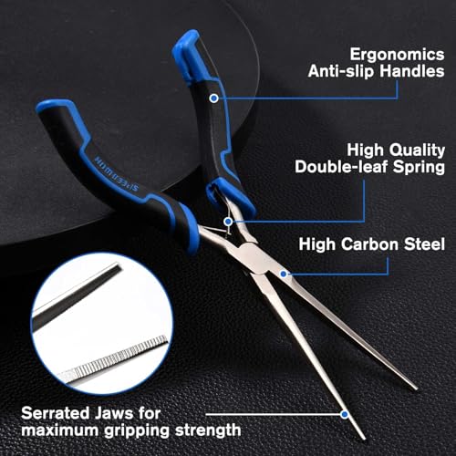 SPEEDWOX 7-Inch Mini Long Needle Nose Pliers with Comfort Grip - Thin Jaw Extra Long Needle Nose Pliers with Serrated Jaw Lanyard for Jewelry Making, Wire Wrapping, Crafts & Electronic Repair - style: Straight Tips&Curved Handle