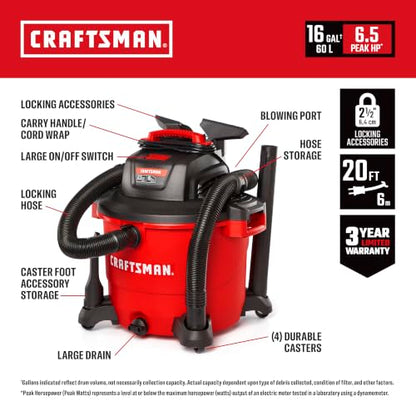CRAFTSMAN CMXEVBE18695 16 Gallon 6.5 Peak HP Wet Dry Shop Vacuum - size: 16 Gallon 6.5 Peak HP w/Diffuser