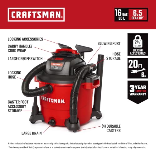 CRAFTSMAN CMXEVBE18695 16 Gallon 6.5 Peak HP Wet Dry Shop Vacuum - size: 16 Gallon 6.5 Peak HP w/Diffuser