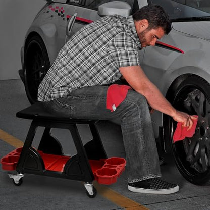 M-AUTO Mechanic Stool Detailing Seat Mobile Rolling Utility Creeper Seat w/Lockable Swivel Wheels, 300LBS Capacity Roller Creeper Seat w/Storage Tool Tray and Drawers, 23" Red