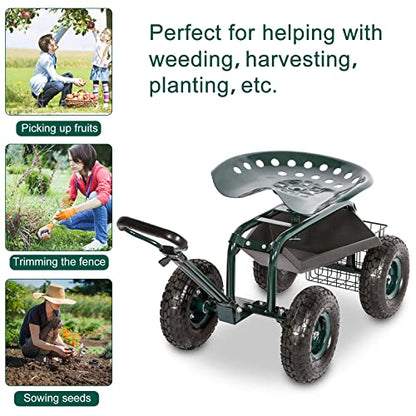 Kinfant Rolling Garden Cart Scooter Stool - Garden Cart with Wheels & Seat Rolling Stool Gardening Cart, Adjustable Handle 360 Degree Swivel (Green) - color: Dark Green
